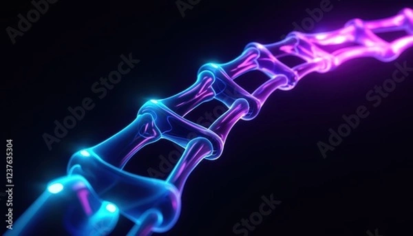 Fototapeta An abstract representation of a spinal structure illuminated in vibrant pink and blue tones against a dark backdrop.