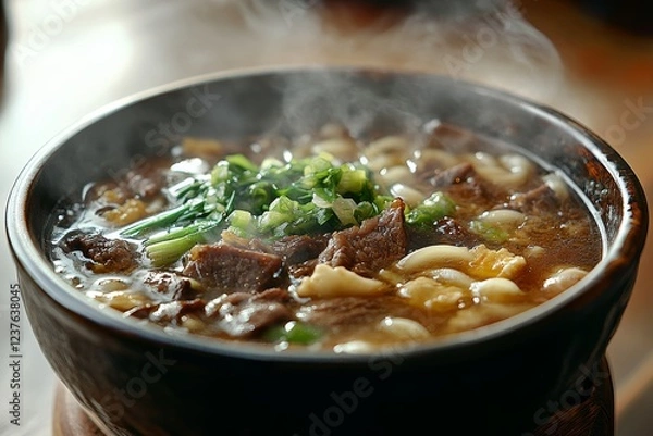 Obraz Steaming beef noodle soup, restaurant setting