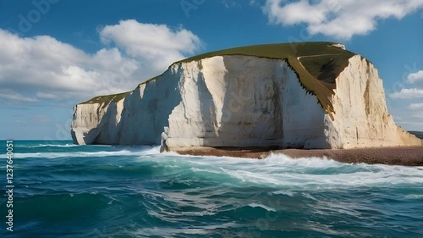 Fototapeta The famous chalk cliffs standing tall against a vibrant blue ocean with waves crashing below.
