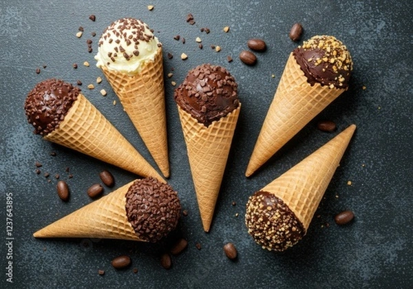 Obraz top view ice cream cones with different topping