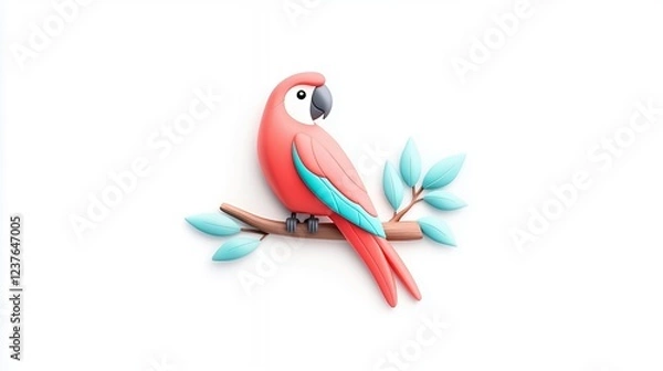 Fototapeta Clay Parrot on Branch Red and Teal Avian Sculpture on White
