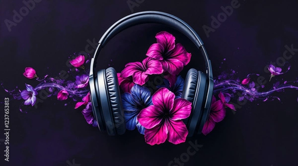 Fototapeta Wireless headphones float against a dark background sound waves morphing into flowers
