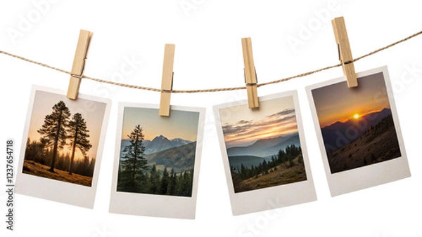 Fototapeta Four Polaroid-style photos clipped to a twine string with wooden clothespins, showing scenic landscapes of mountains, forests, and vibrant sunset skies, isolated on a transparent background