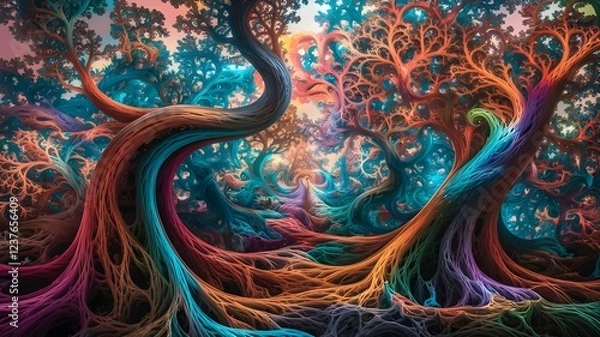 Obraz A psychedelic forest, where the trees bend and swirl into fractal patterns, their leaves morphing into colorful spirals