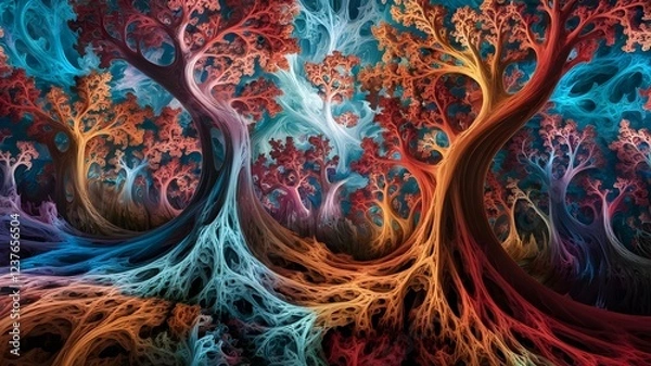Obraz A psychedelic forest, where the trees bend and swirl into fractal patterns, their leaves morphing into colorful spirals