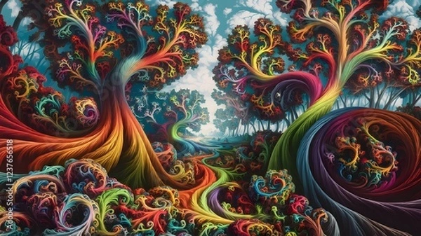 Obraz A psychedelic forest, where the trees bend and swirl into fractal patterns, their leaves morphing into colorful spirals