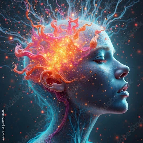Fototapeta An abstract representation of consciousness, with neural patterns radiating outward in a series of interconnected, flowing lines