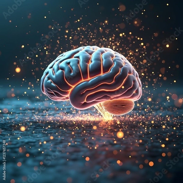 Fototapeta A digital landscape where particles of light float and collide, representing the electrical activity of the human brain