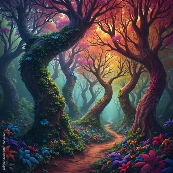 Obraz A psychedelic forest, where the trees bend and swirl into fractal patterns, their leaves morphing into colorful spirals