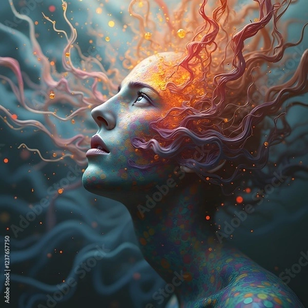 Obraz An abstract representation of consciousness, with neural patterns radiating outward in a series of interconnected, flowing lines