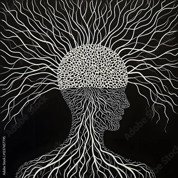 Fototapeta An abstract representation of consciousness, with neural patterns radiating outward in a series of interconnected, flowing lines