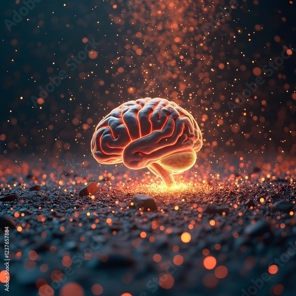 Obraz A digital landscape where particles of light float and collide, representing the electrical activity of the human brain
