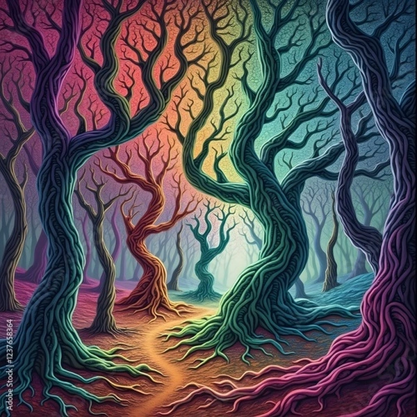Obraz A psychedelic forest, where the trees bend and swirl into fractal patterns, their leaves morphing into colorful spirals