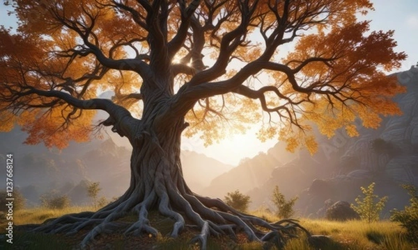 Fototapeta Majestic tree with sprawling branches and vines, nature, natural surroundings, leaves