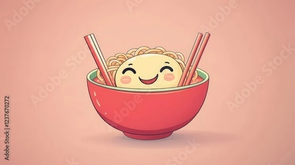 Fototapeta Happy Ramen Bowl: A cheerful cartoon ramen bowl with chopsticks smiling brightly, perfect for food blogs, social media posts, or any project needing a fun and playful touch.