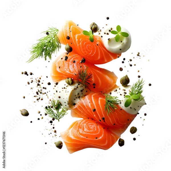 Obraz Flying Smoked Salmon with Cream Cheese and Dill Isolated on Transparent Background