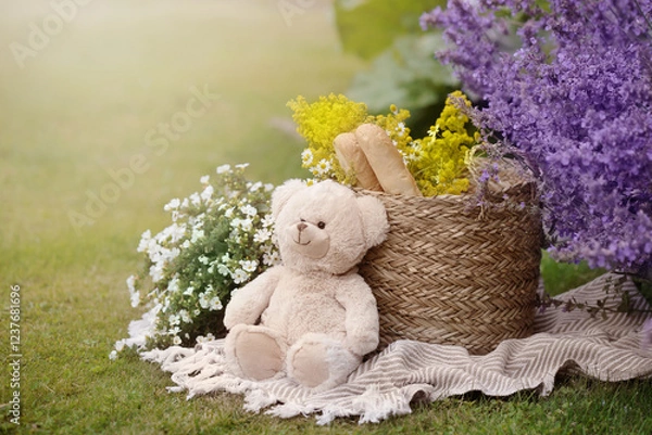 Fototapeta Picnic background with teddy bear