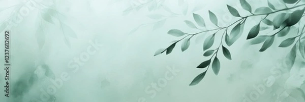 Fototapeta A light green background with a blurred branch of leaves in the foreground, creating an atmosphere of freshness and vitality. 