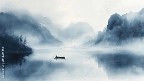 Fototapeta Solitude on Misty Lake: A lone figure in a small boat navigates a serene lake shrouded in mist, mountains rising majestically in the background, creating a tranquil and contemplative scene. 