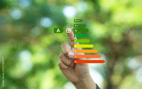 Fototapeta Eco-friendly home improvement ideas, green energy saving, businessman who chooses to use green energy saving in the house, aiming to save green energy that is friendly to the world environment.