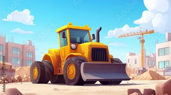 Fototapeta Bulldozer on Construction Site: A bright yellow bulldozer takes center stage in a vibrant cartoon-style illustration of a bustling construction site, showcasing modern buildings and heavy machinery.