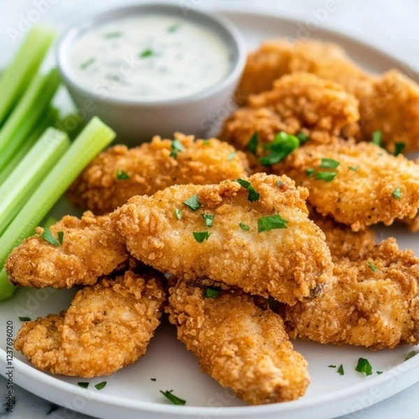 Fototapeta A scrumptious plate of crispy chicken tenders with a side of creamy ranch dipping sauce, served on a white plate, Chicken tenders centered