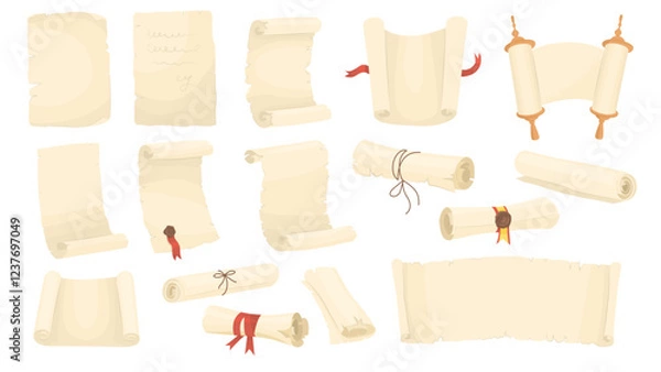 Fototapeta Set of ancient paper scrolls with empty space for text. Magic papyrus scrolls of different shapes, unfolded pages and rolled up with ribbon. Vector illustration isolated on transparent background.