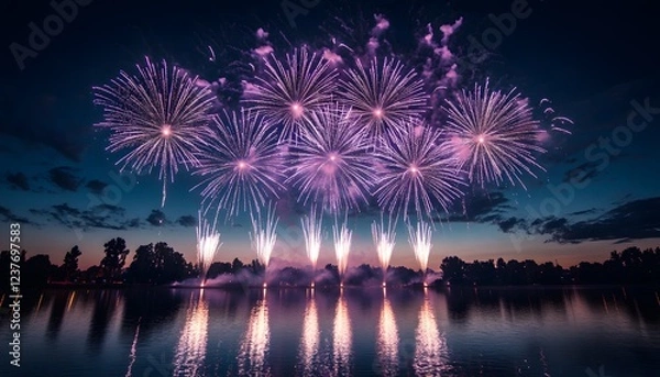 Fototapeta Purple Fireworks Display Over Serene Lake at Night