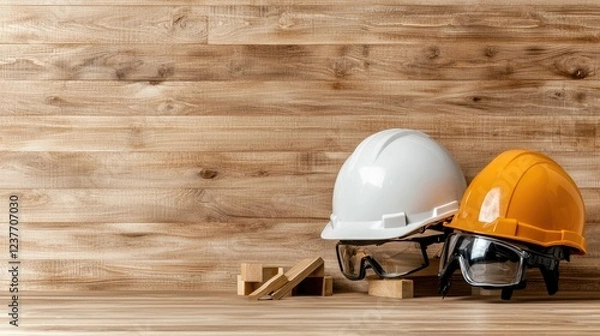 Obraz Construction safety helmets and goggles on wood