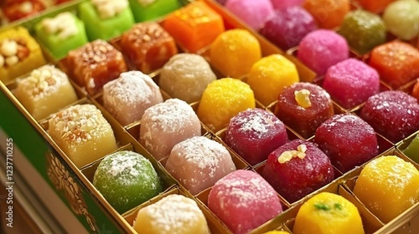 Fototapeta Sweets like ladoos, barfis, gulab jamun and kaju katli are often given as gifts. The boxes of these sweets are usually beautifully decorated to create a special impression