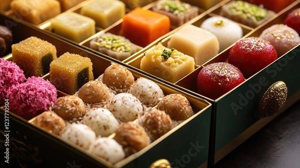 Fototapeta Sweets like ladoos, barfis, gulab jamun and kaju katli are often given as gifts. The boxes of these sweets are usually beautifully decorated to create a special impression