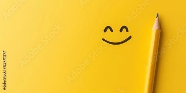 Fototapeta feedback survey response for statistics concept. Smiley face drawn on a bright yellow background with a yellow pencil.
