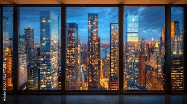 Fototapeta Cityscape twilight view from skyscraper window