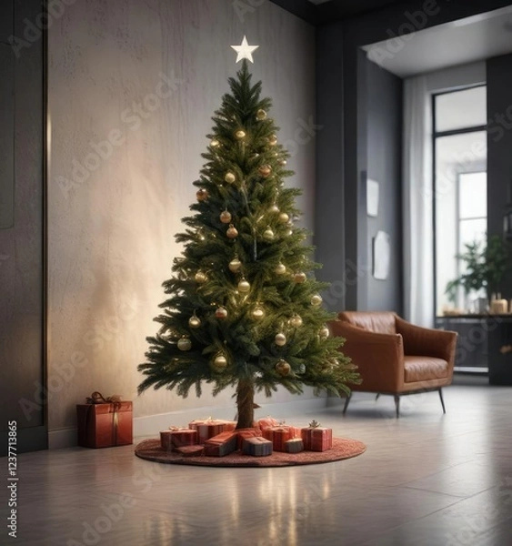Fototapeta Modern Christmas tree with sleek and minimalist decor, sleek decor, abstract patterns