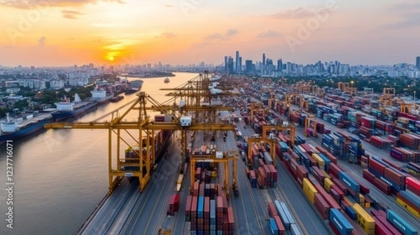 Obraz Aerial view of a busy cargo port with containers and cranes at sunset.