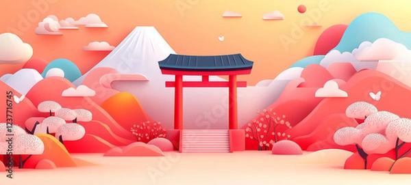 Obraz Japanese shrine in the morning with mountain, tree and natural elements.