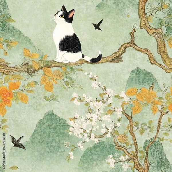 Obraz Seamless cat pattern in Chinese style. Mountain and cherry blossom flower decoration background.