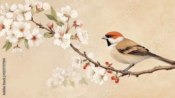 Obraz Bird on a branch of cherry blossom flower in Chinese style. 