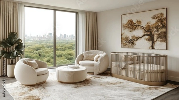 Fototapeta Luxury Nursery, City View, Modern Crib, Relaxing