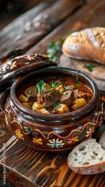 Fototapeta Hearty goat curry of meat chunks, goat ribs, potatoes, and carrot, sprinkled with parsley on top, served on a clay pot, on an oak wooden background. AI generated illustration
