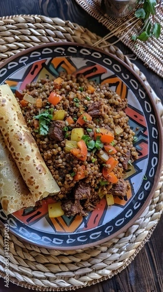 Fototapeta Traditional Ethiopian Food, Several types of stew and meat served on Injera. AI generated illustration
