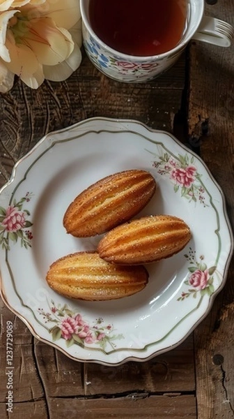 Fototapeta Perfect French madeleine cookies, buttery and delicate, served with cup of coffee. Light gray background. Top view. AI generated illustration