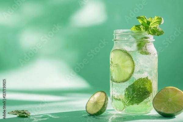 Fototapeta Refreshing Lime Mint Drink in a Glass Jar