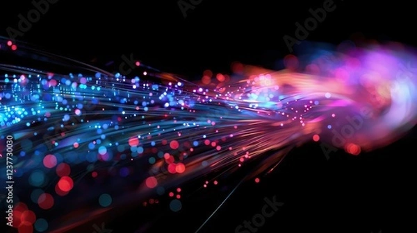 Fototapeta colorful optical fibres dinamic flying from deep on technology background. AI generated illustration