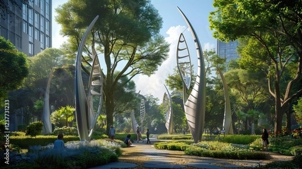 Fototapeta Aerial architecture, spheres in the grass, city of the future, idea for inspiration. AI generated illustration