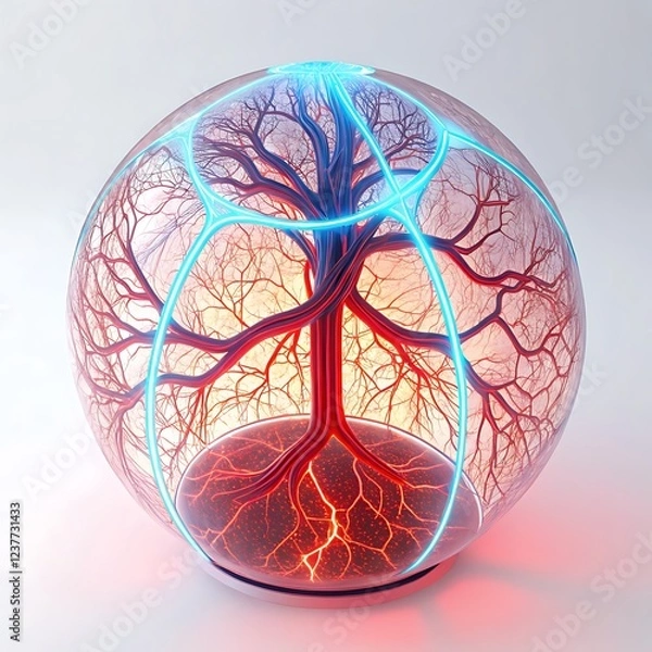 Fototapeta A glowing chamber with interconnected pathways replicating arterial and venous flow