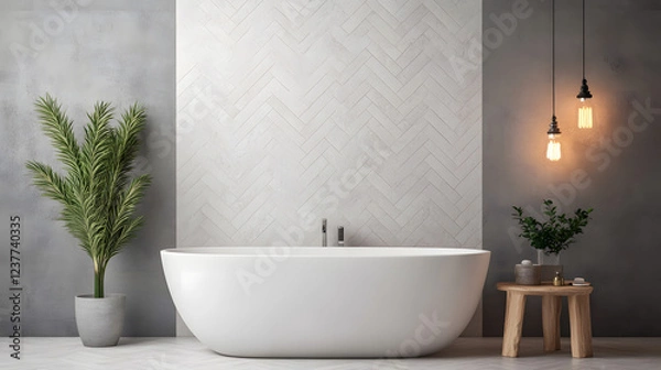 Fototapeta Modern bathroom with a freestanding bathtub, marble tiles, and sleek design, offering a luxurious and relaxing atmosphere for ultimate comfort.
