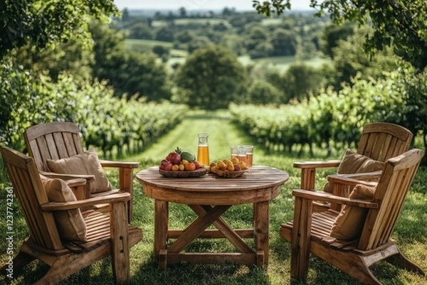 Fototapeta Wooden garden furniture set with four chairs, table, fruit, and drinks in a vibrant orchard, captured in natural light with a cheerful atmosphere.