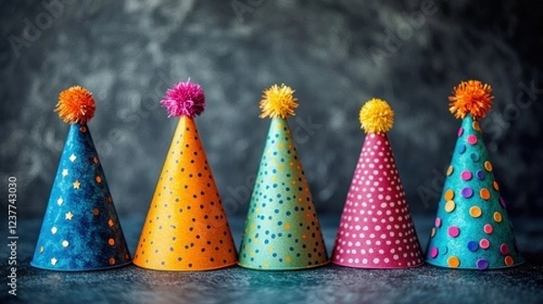 Fototapeta Colorful party hats on dark background, celebration