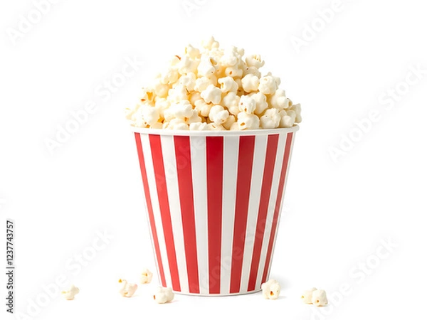 Fototapeta Popcorn in red and white striped bucket isolated on white background